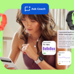 Mulher correndo com uma sobreposição de interface de contador de passos e o logotipo Simple Step Tracker Pedometer.