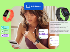 Acompanhei tudo no Fitbit durante anos – Gemini finalmente está tornando isso útil Mulher correndo com uma sobreposição de interface de contador de passos e o logotipo Simple Step Tracker Pedometer.