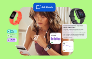 Acompanhei tudo no Fitbit durante anos – Gemini finalmente está tornando isso útil Mulher correndo com uma sobreposição de interface de contador de passos e o logotipo Simple Step Tracker Pedometer.