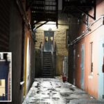 Beco na 1337 Beach Avenue com uma escada de incêndio e duas figuras olhando por uma porta.