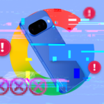 Google Pixel 10 azul sobreposto a um ícone de calendário exibindo o ano de 2030.