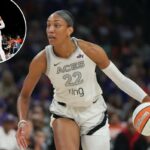 O pivô do Las Vegas Aces, A'ja Wilson (22), dribla contra o Phoenix Mercury durante a primeira metade do jogo 4 das finais de basquete da WNBA, sexta-feira, 10 de outubro de 2025, em Phoenix.