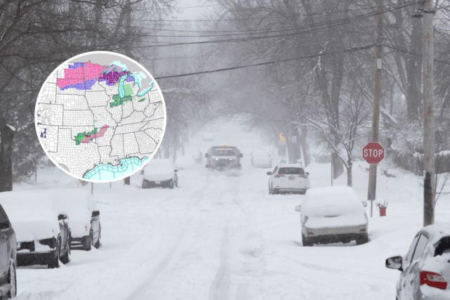 A truck plows snow during a blizzard, March 16, 2026 in Madison, Wisconsin.