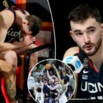 Alex Karaban mantém a cabeça erguida enquanto a carreira histórica da UConn termina com a dor da perda do jogo do título: 'Deu tudo'