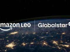 Arquivo da FCC mostra que a Amazon planeja adquirir a participação de 20% da Apple na Globalstar Amazon comprando Globalstar; Serviços de satélite da Apple usarão Amazon Leo | A imagem mostra os logotipos das duas empresas em uma visão de satélite da Terra