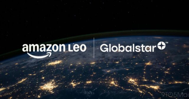 Amazon comprando Globalstar; Serviços de satélite da Apple usarão Amazon Amazon comprando Globalstar; Serviços de satélite da Apple usarão Amazon Leo | A imagem mostra os logotipos das duas empresas em uma visão de satélite da Terra
