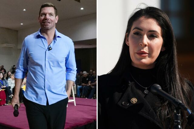 Ameaça emitida a Eric Swalwell se ele não renunciar ao A deputada Anna Paulina Luna fala à imprensa em um pódio com o selo da Câmara dos Representantes dos EUA.