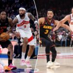 Og Anunoby dirige para a cesta entre o guarda do Toronto Raptors, AJ Lawson, e o atacante do Toronto Raptors, Brandon Ingram, durante o primeiro quarto em um jogo contra o Toronto Raptors no Madison Square Garden em Nova York, Nova York, EUA, sexta-feira, 10 de abril de 2026.