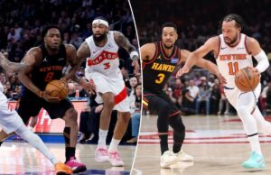 Analisando possíveis oponentes dos playoffs do Knicks na primeira rodada Og Anunoby dirige para a cesta entre o guarda do Toronto Raptors, AJ Lawson, e o atacante do Toronto Raptors, Brandon Ingram, durante o primeiro quarto em um jogo contra o Toronto Raptors no Madison Square Garden em Nova York, Nova York, EUA, sexta-feira, 10 de abril de 2026.