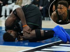 Anthony Edwards ficou afastado por ‘semanas’ com lesão no joelho em golpe brutal nos playoffs do Timberwolves O guarda do Timberwolves, Anthony Edwards, segura o joelho após sofrer uma lesão durante o jogo 4 contra o Nuggets em 25 de abril de 2026.