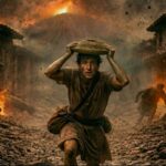 A imagem gerada por IA mostra um homem correndo para salvar sua vida enquanto segura um pote de terracota na cabeça enquanto a lava sufoca a cidade