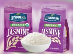 Arroz branco popular enfrenta recall nacional por causa de ‘material estrangeiro’ Dois sacos roxos de arroz de jasmim branco Lundberg Organic California e uma tigela de arroz branco.