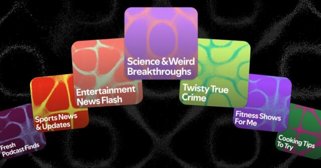As listas de reprodução solicitadas pelo Spotify agora funcionam tanto As listas de reprodução solicitadas do Spotify agora funcionam tanto para podcasts quanto para música | O gráfico promocional mostra uma série de categorias de podcast, incluindo ciência, entretenimento e fitness