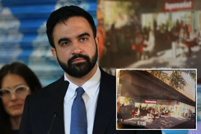 O prefeito Zohran Mamdani fala em entrevista coletiva sobre supermercados municipais.