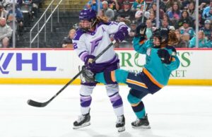 As sirenes foram esfriadas por Frost quando uma sequência de vitórias em dois jogos foi interrompida Kelly Pannek, do Minnesota (à esquerda), acerta Lauren Bernard durante o segundo período da derrota dos Sirens por 4 a 1 para o Frost em 11 de abril de 2026.