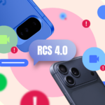 Smartphone estilizado com balões flutuantes de bate-papo do Mensagens do Google, um ícone de videochamada e uma onda de áudio, contra um fundo gradiente com o texto RCS