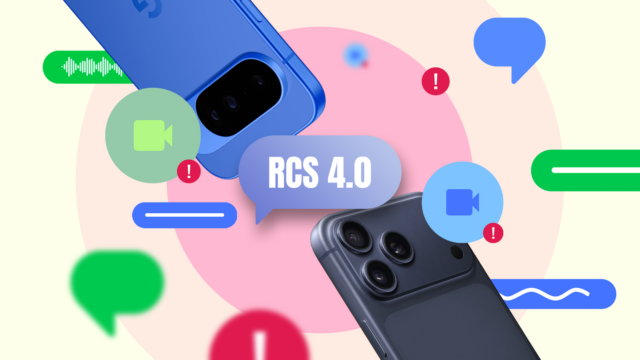 Smartphone estilizado com balões flutuantes de bate-papo do Mensagens do Google, um ícone de videochamada e uma onda de áudio, contra um fundo gradiente com o texto RCS