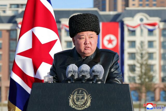 North Korean leader Kim Jong Un delivering a speech at the inauguration ceremony of Saeppyol Street in Pyongyang.
