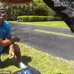 Tiger Woods se ajoelha na beira da estrada depois de rolar seu SUV em uma pitoresca rua da Ilha de Júpiter