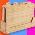 Conjunto de tábua de corte de bambu com suporte, com abas etiquetadas para cenoura, carne, peixe e pão.