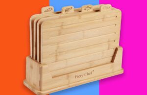 Audite sua cozinha nesta primavera com este ‘sistema de arquivamento’ de tábuas de corte de US $ 50 Conjunto de tábua de corte de bambu com suporte, com abas etiquetadas para cenoura, carne, peixe e pão.