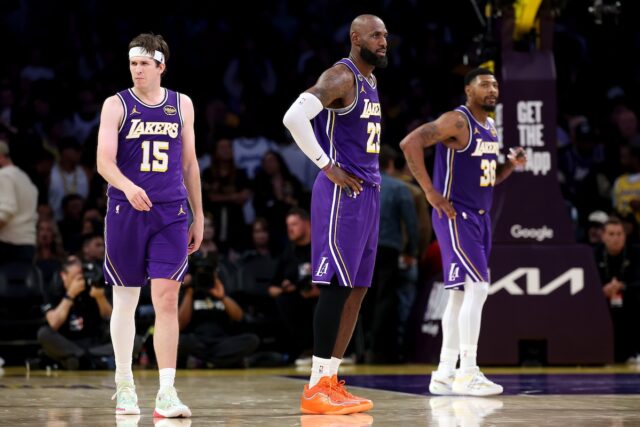Lakers players Austin Reaves LeBron James and Marcus Smart against Houston Rockets for Game 5