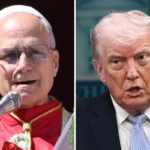 Pope Leo XIV from the main balcony of St. Peter's basilica at St Peter's square in the Vatican on April 5, 2026 and Donald Trump in the James S. Brady Press Briefing Room of the White House on April 6, 2026, in Washington, DC.