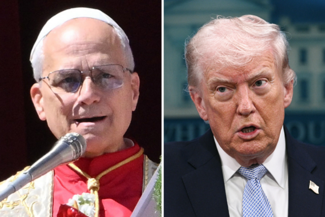 Avaliação de aprovação de Donald Trump com católicos em meio Pope Leo XIV from the main balcony of St. Peter's basilica at St Peter's square in the Vatican on April 5, 2026 and Donald Trump in the James S. Brady Press Briefing Room of the White House on April 6, 2026, in Washington, DC.