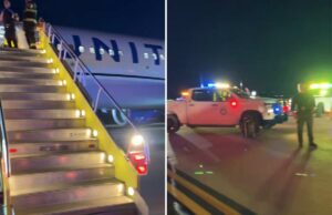 Avião da United forçado a evacuar devido a ameaça de bomba no aeroporto de Denver, o segundo susto em dias Membros da tripulação de emergência nas escadas que levam a um avião da United Airlines após uma ameaça de bomba.