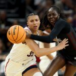 UConn star Azzi Fudd playing against South Carolina in Final Four