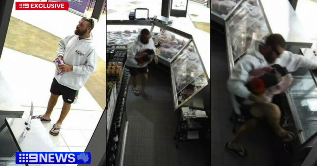 'Bandido do peito' flagrado pela câmera roubando centenas de dólares da melhor carne bovina
