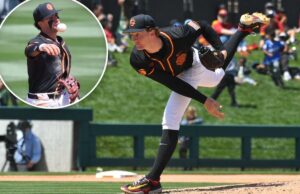 Beisebol da USC completa varredura em Purdue com vitória desenfreada Um arremessador de beisebol com uniforme preto e laranja no meio da entrega.