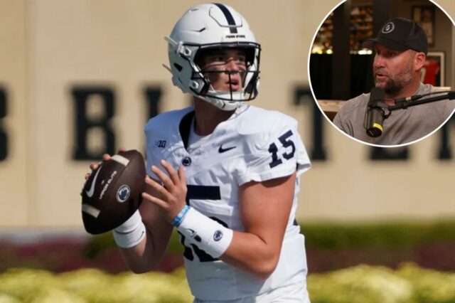 O quarterback do Penn State Nittany Lions, Drew Allar (15), passa contra o Northwestern Wildcats durante o primeiro tempo no Ryan Field. 