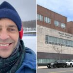Douglas T. Von Hoppe com um chapéu azul e lenço verde em uma paisagem nevada.