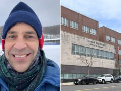 Bibliotecário do ensino médio de Nova York, um predador que tinha como alvo um ‘grupo infinito’ de estudantes asiáticos: relatórios Douglas T. Von Hoppe com um chapéu azul e lenço verde em uma paisagem nevada.