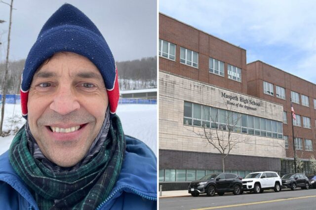 Douglas T. Von Hoppe com um chapéu azul e lenço verde em uma paisagem nevada.