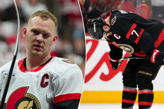 Brady Tkachuk (7), do Ottawa Senators, abaixa a cabeça depois que o time foi eliminado pelo Carolina Hurricanes após perder no jogo 4 da primeira rodada da série de playoffs de hóquei da NHL Stanley Cup, sábado, 25 de abril de 2026, em Ottawa, Ontário. 