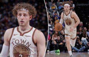 Brandin Podbierz, do Warriors, põe fim ao tweet viral com o primeiro jogo de 30 pontos Brandin Pod Ziemia com uma camisa branca e marrom do Golden State Warriors.