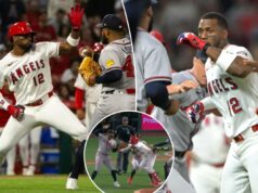 Braves e Angels dão socos em uma briga selvagem para limpar bancos Braves e Angels dão socos em uma briga selvagem para limpar bancos