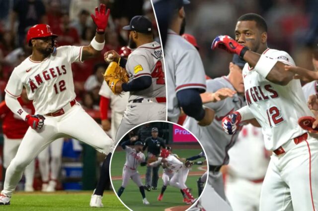 Braves e Angels dão socos em uma briga selvagem para Braves e Angels dão socos em uma briga selvagem para limpar bancos