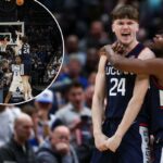 Braylon Mullins comemora com Malachi Smith depois de acertar a cesta de três pontos da vitória e da campainha na vitória de retorno de UConn sobre Duke na Elite Eight.