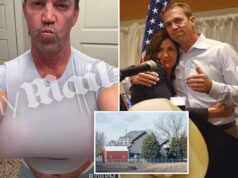 Bryon Noem era responsável pelas doenças domésticas e pela criação dos filhos Bryon Noem posando para uma selfie usando seios falsos sob uma camiseta azul clara.