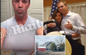 Bryon Noem era responsável pelas doenças domésticas e pela criação dos filhos Bryon Noem posando para uma selfie usando seios falsos sob uma camiseta azul clara.