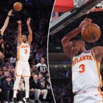 O armador do Atlanta Hawks, CJ McCollum #3, dá um chute enquanto o guarda do New York Knicks, Landry Shamet #44, salta para defender durante o primeiro quarto.