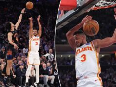 CJ McCollum, dos Hawks, deleitando-se com as vaias como o mais recente vilão de Garden O armador do Atlanta Hawks, CJ McCollum #3, dá um chute enquanto o guarda do New York Knicks, Landry Shamet #44, salta para defender durante o primeiro quarto.