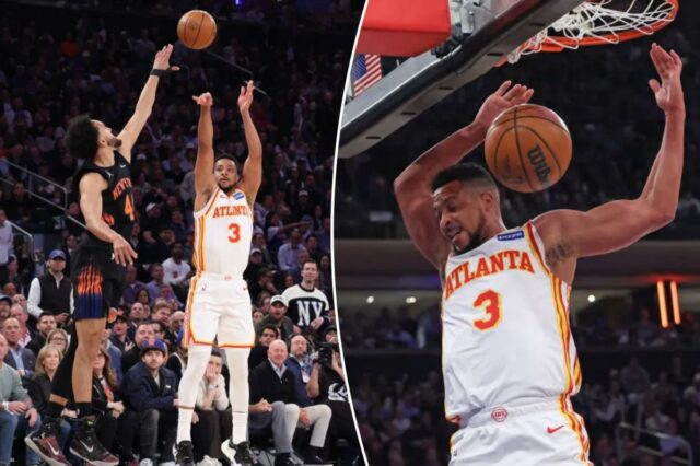 O armador do Atlanta Hawks, CJ McCollum #3, dá um chute enquanto o guarda do New York Knicks, Landry Shamet #44, salta para defender durante o primeiro quarto.