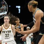 Caitlin Clark pretende fazer uma mudança entre os defensores durante a derrota do Liberty na pré-temporada por 109-91 para o Fever em 25 de abril de 20267 no Barclays Center.