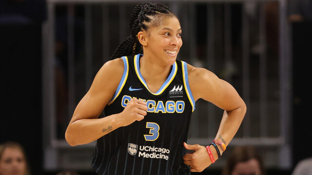 CHICAGO, ILLINOIS - AUGUST 31: Candace Parker #3 of the Chicago Sky celebrates a basket against the Connecticut Sun during the second half in Game Two of the 2022 WNBA Playoffs semifinals at Wintrust Arena on August 31, 2022 in Chicago, Illinois. NOTE TO USER: User expressly acknowledges and agrees that, by downloading and/or using this photograph, User is consenting to the terms and conditions of the Getty Images License Agreement.  (Photo by Michael Reaves/Getty Images)