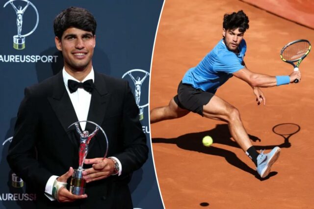 Carlos Alcaraz posa com o prêmio Laureus World Sportsman of the Year em Madrid, em 20 de abril de 2026.