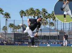 Carlos Rodon recebe notícias positivas sobre reabilitação de lesões após ‘pequeno obstáculo’ no impulso dos Yankees O arremessador do New York Yankees, Carlos Rodón #55, lança no campo externo.